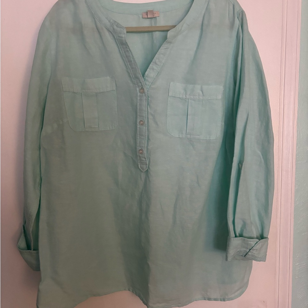 Aqua Button-Up Blouse Talbots 2X